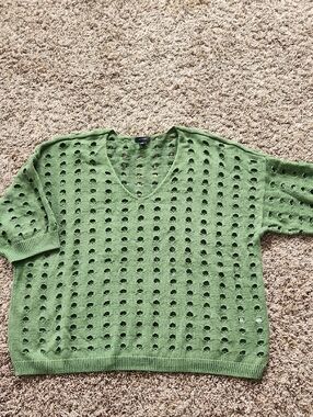 Halogen Green Open-Knit V-Neck Sweater